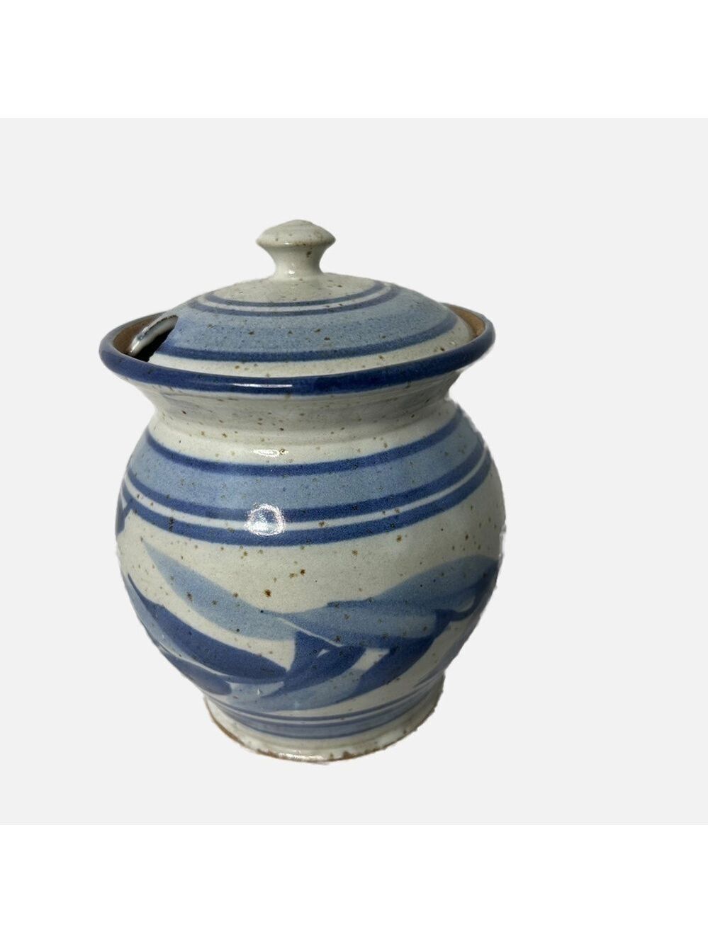 Art Pottery Handmade Honey Jar with Lid Speckled Signed Blue White 5x6”